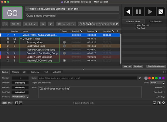 photo Playeur QLAB 5 Audio avec Macbook pro i7 et carte son
